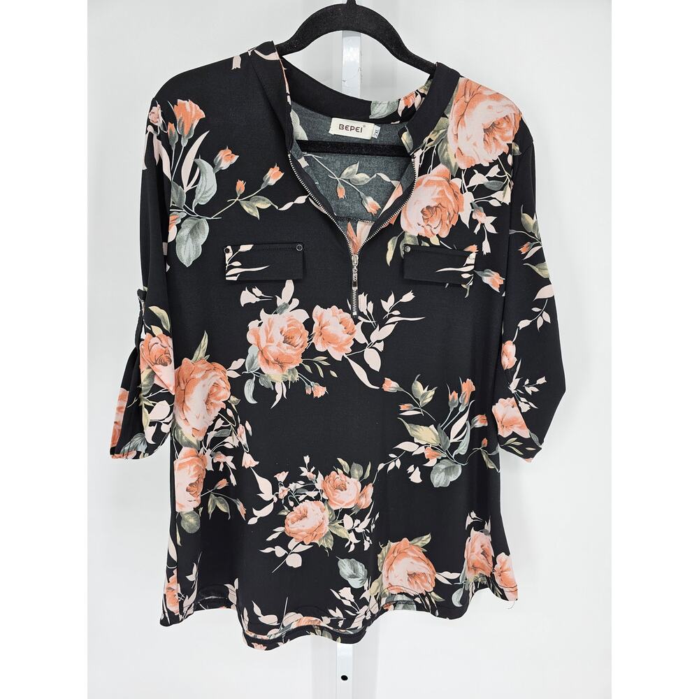 bepei Womens Sz 2XL Tab Sleeve Blouse Black Floral Rose Zipper Front